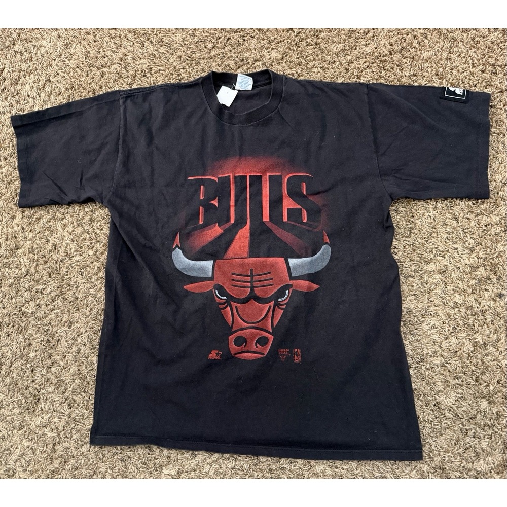 Vintage 90s Starter Chicago Bulls T-Shirt Black Basketball Single Stitch Large